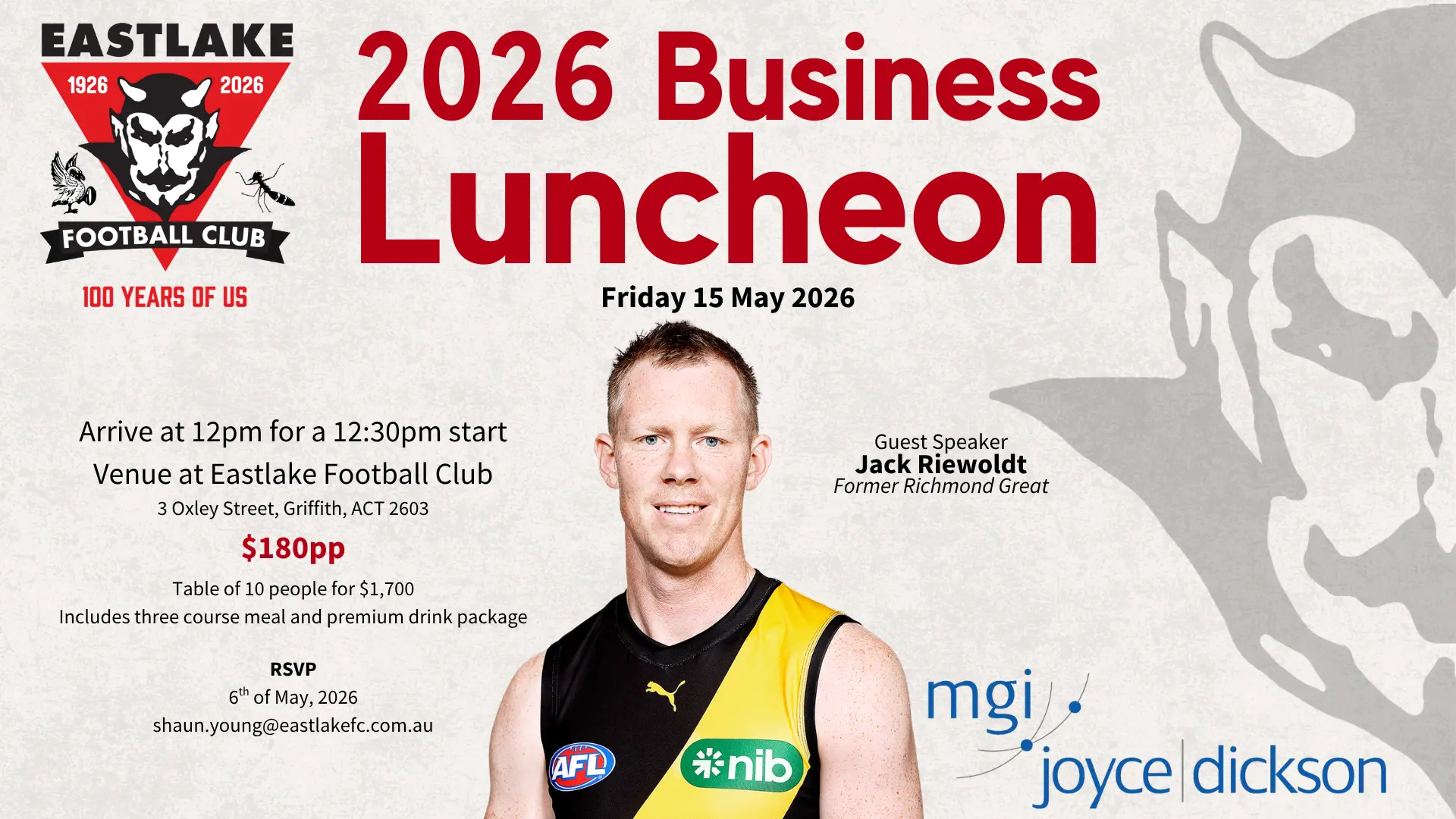 Triple-premiership Tiger Jack Riewoldt comes to Canberra as guest speaker at the Eastlake FC Business Luncheon