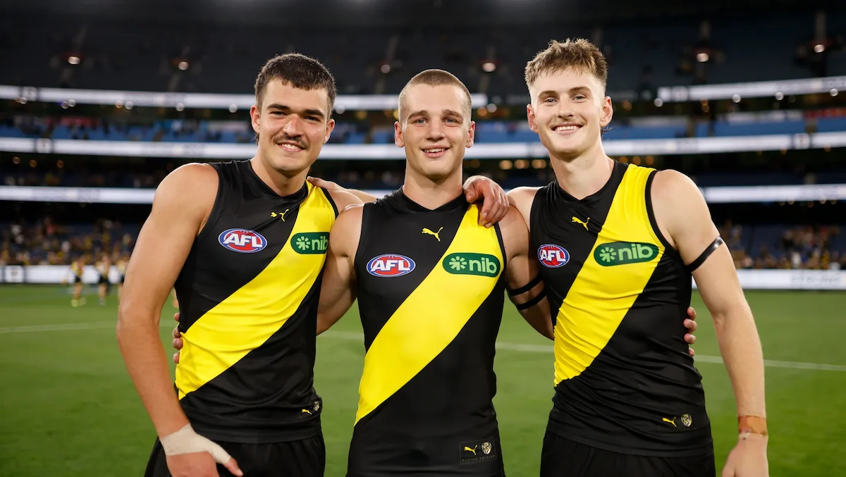 Debutants Harry Armstrong, Sam Lalor and Luke Trainor after the round one match between Richmond and Carlton