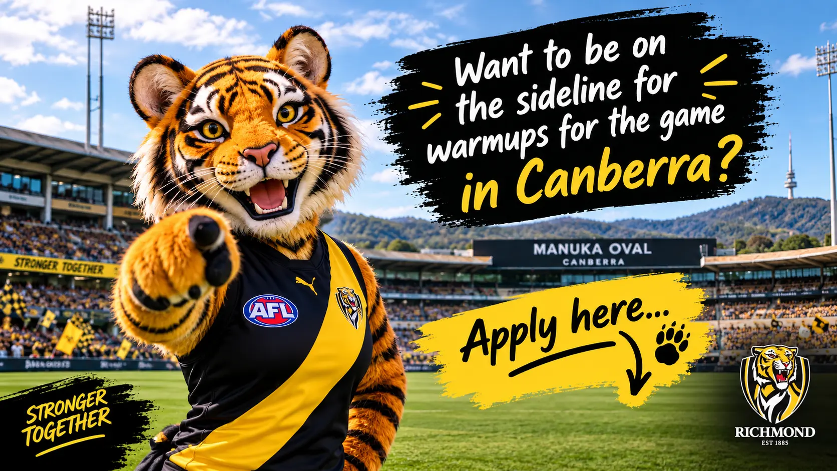 Richmond's AFLW side plays in Canberra for the first time — Round 6 at Manuka Oval, Sunday 20 September 2026